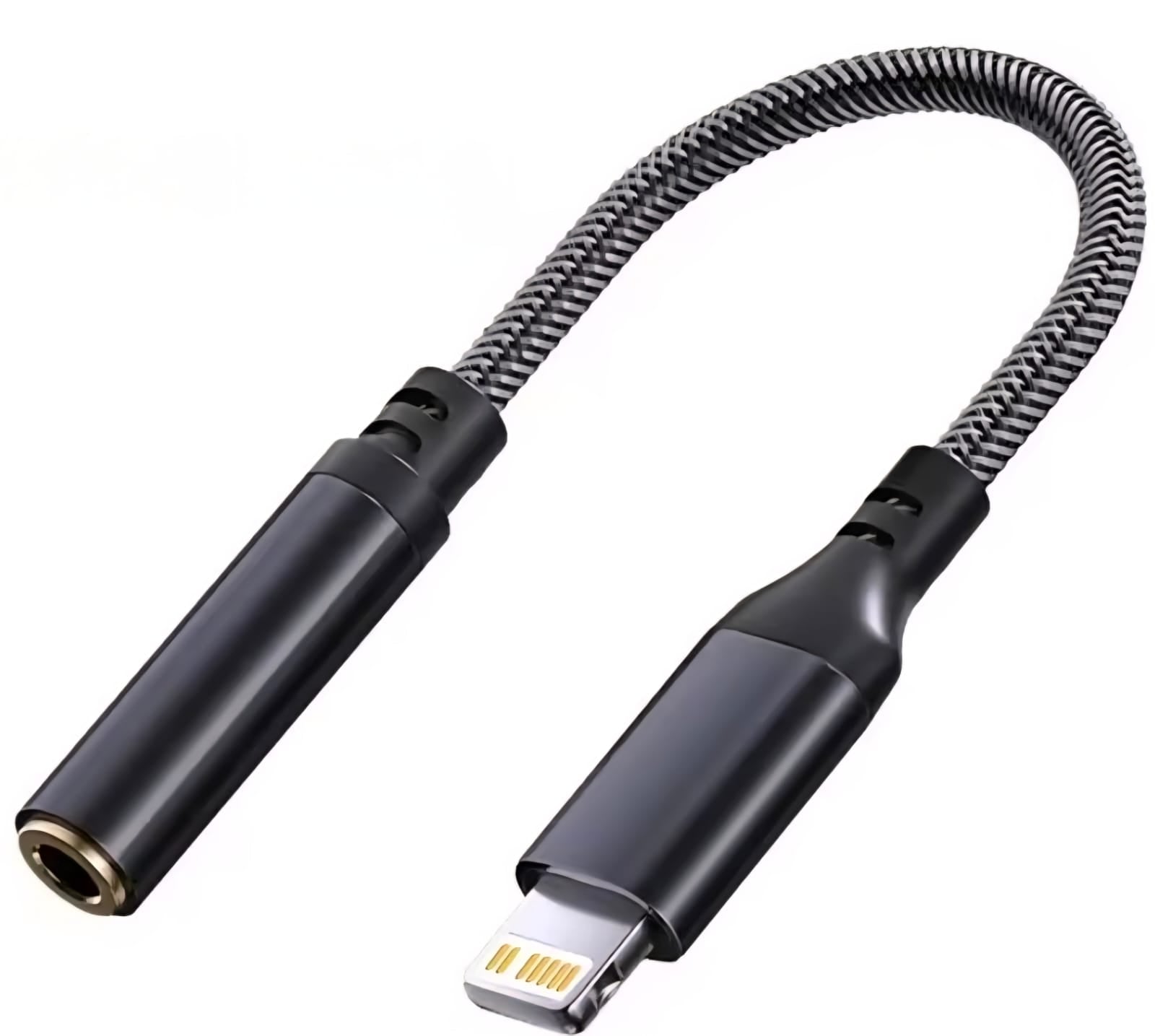 AXYON black Lightning to 3.5mm headphone adapter with braided nylon cable and gold-plated connectors for iPhone 14 13 12 11