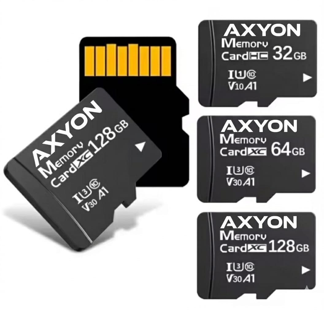 Set of AXYON memory cards with different capacities on a white background