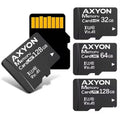 Set of AXYON memory cards with different capacities on a white background
