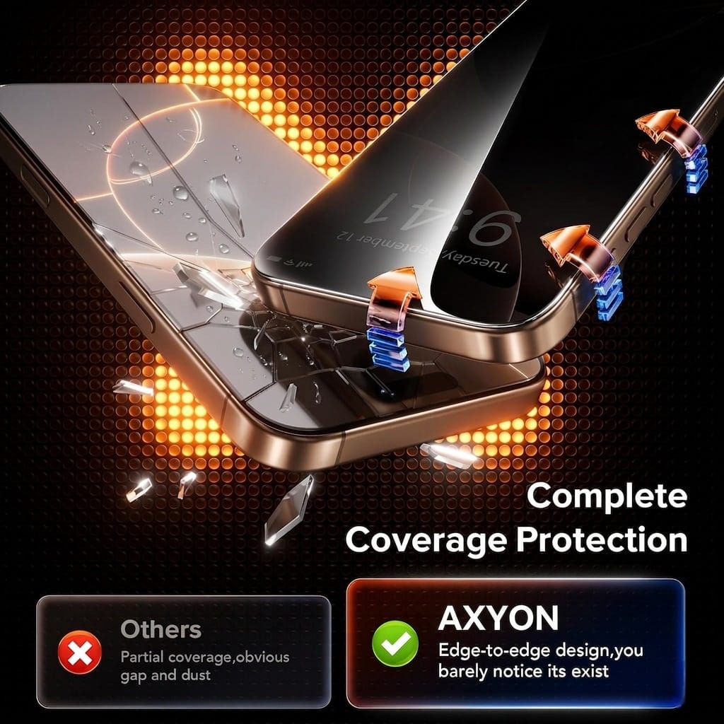 AXYON® EZ-Box Privacy Glass – Edge-to-Edge Complete Coverage vs Partial Coverage, No Gap, No Dust for iPhone 17 Pro Max
