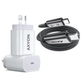AXYON brand charging accessory set featuring a white USB-C to Lightning power adapter and a black braided USB-C to USB-C cable on a white background.