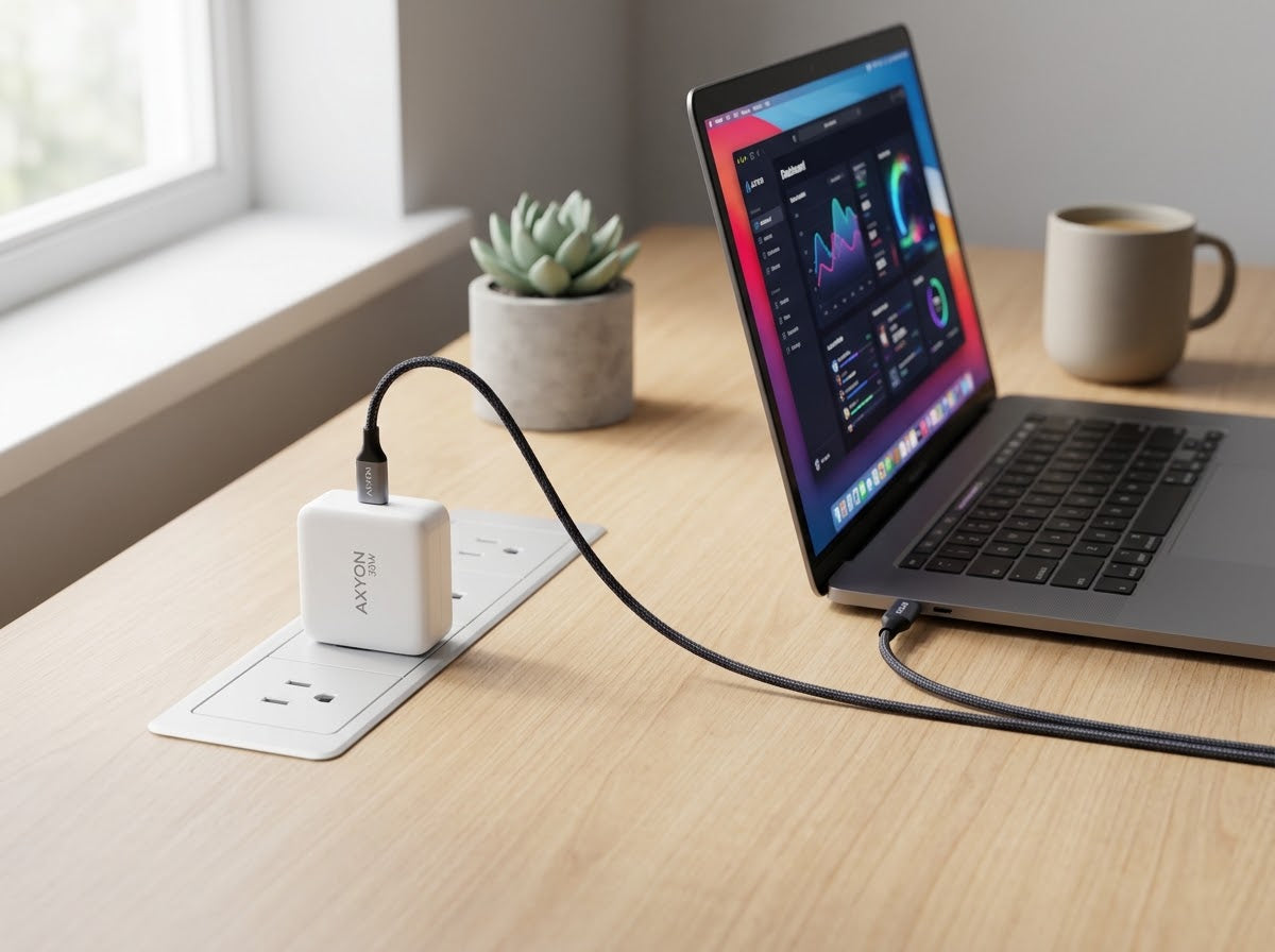 A white AXYON 30W wall charger plugged into a white desk outlet, connected to a black cable that leads to a laptop on a wooden desk. A small potted succulent and a gray ceramic mug sit in the background near a window.