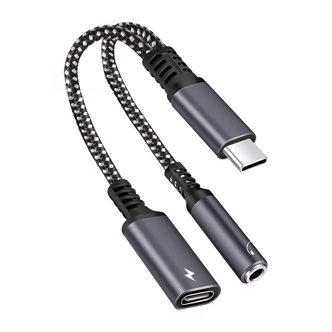 AXYON USB‑C to 3.5mm audio adapter with 60W fast charging, shown on a white background