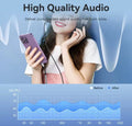 Woman wearing headphones listening to music on a smartphone with high quality audio text and sound wave graphics.