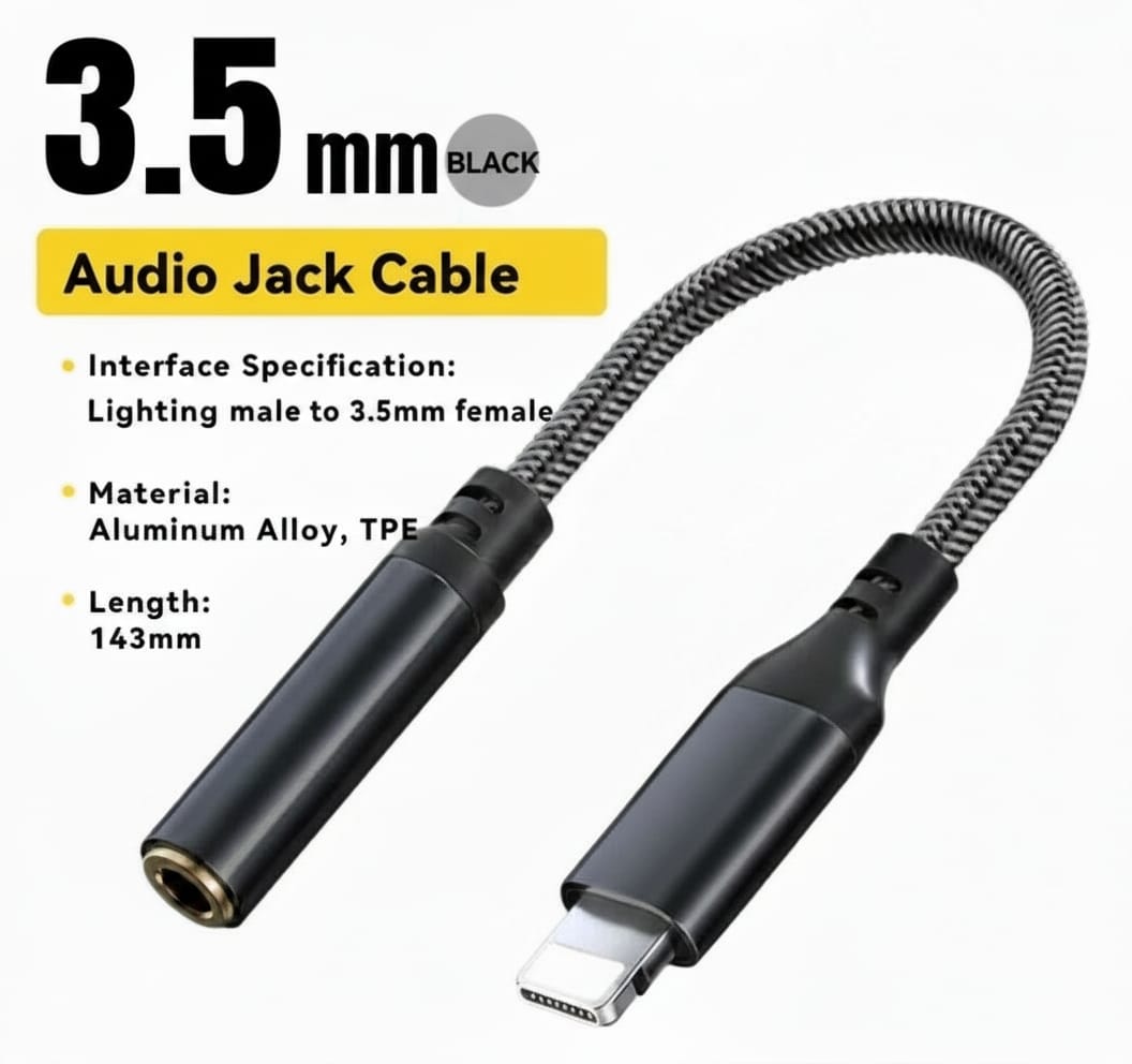 AXYON black Lightning to 3.5mm headphone adapter with braided nylon cable and gold-plated connectors for iPhone 14 13 12 11
