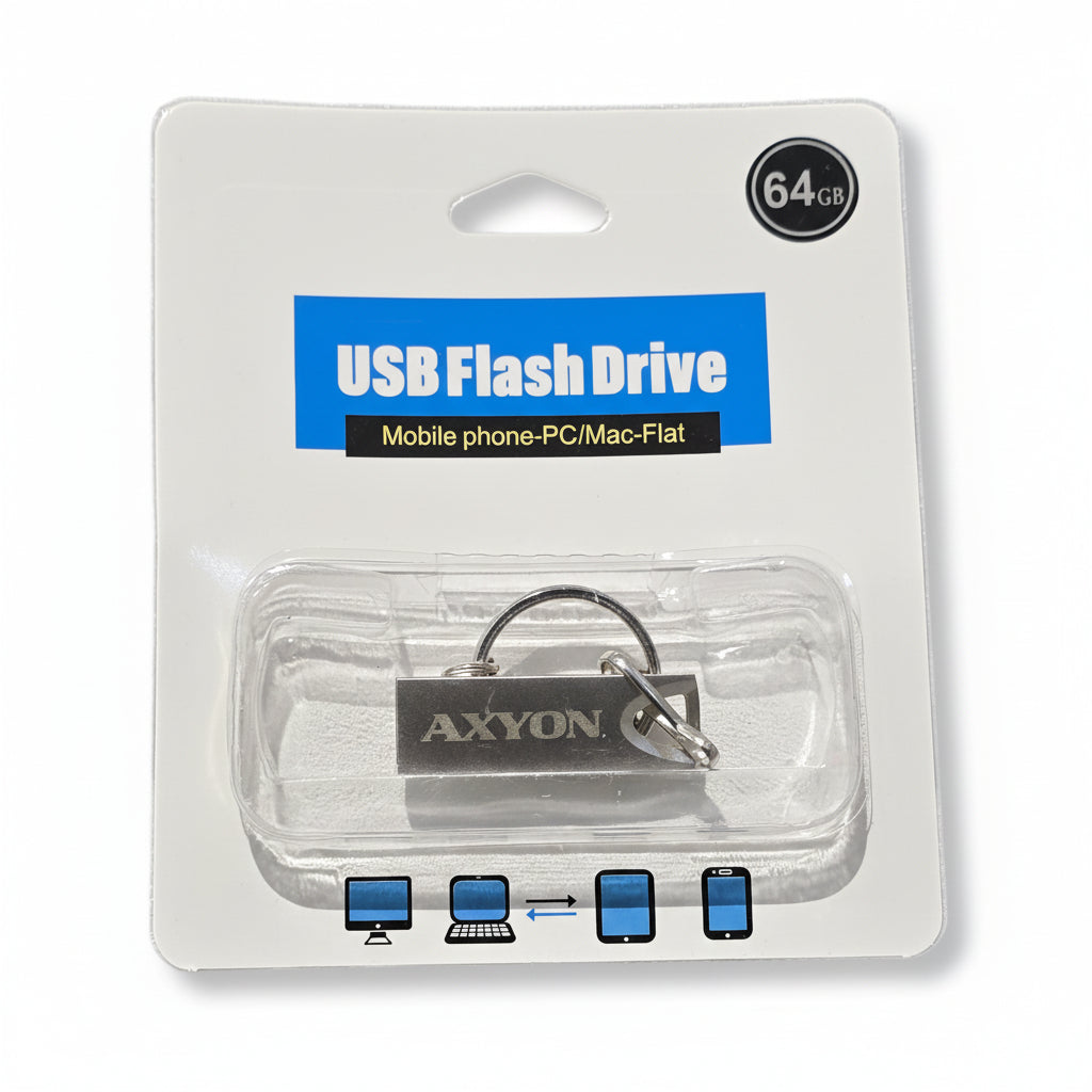 USB flash drive packaging with AXYON branding on a white background