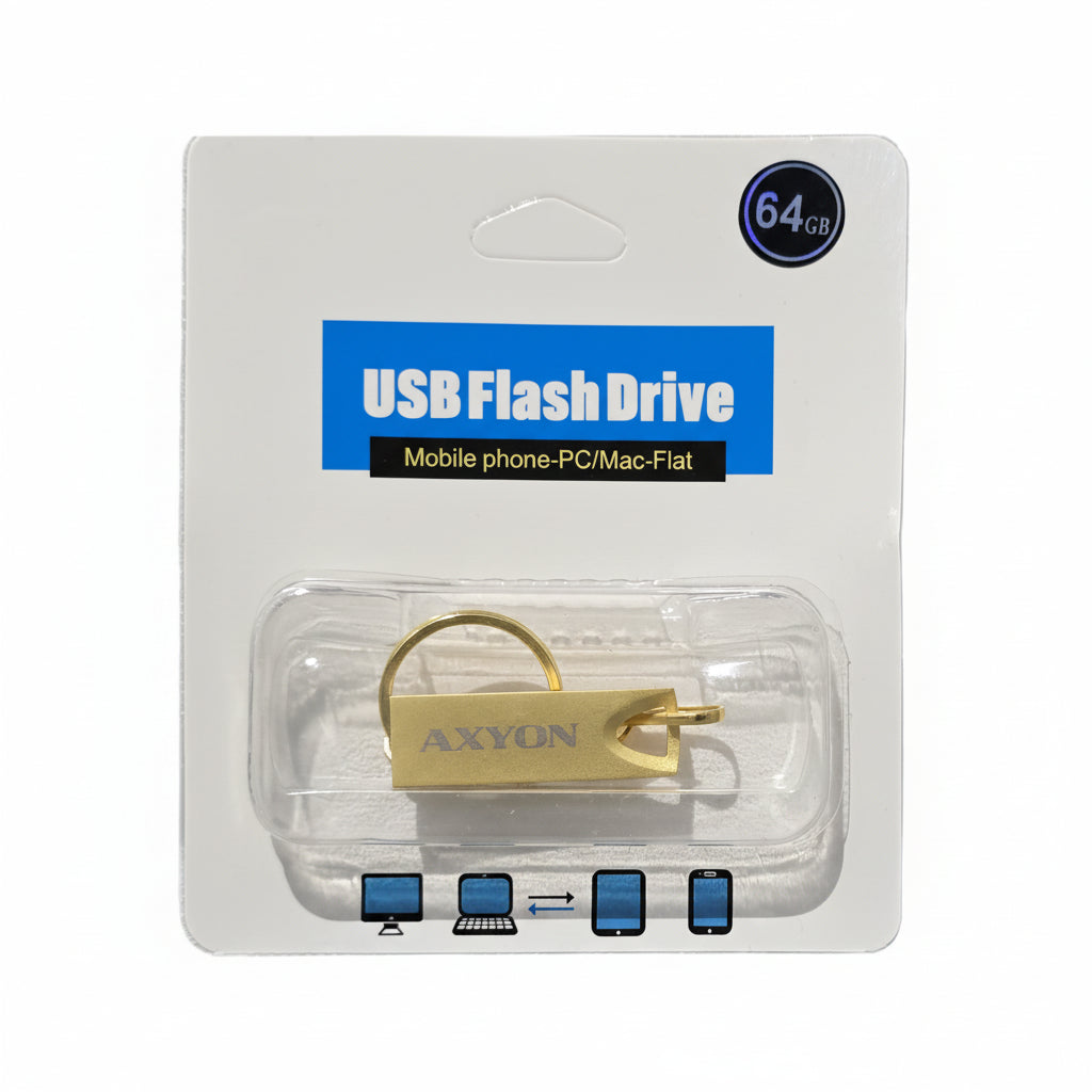 USB flash drive packaging with AXYON branding on a white background