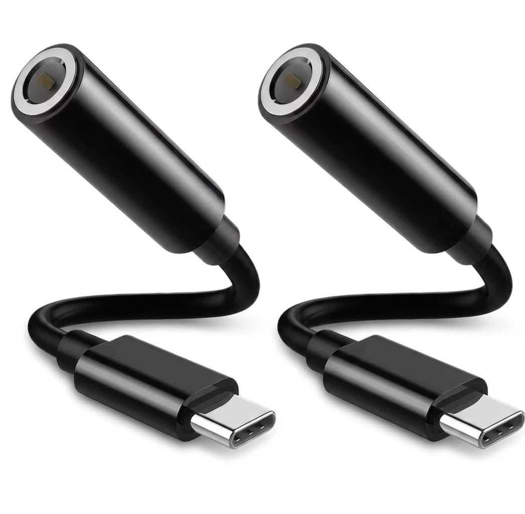 Two black audio adapters with USB-C connectors on a white background