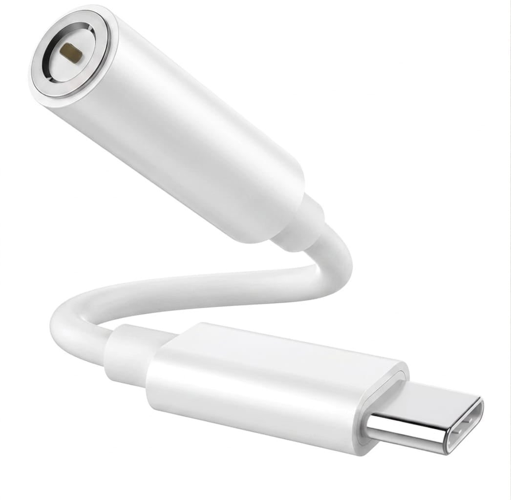 White USB-C adapter on a white background