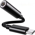 Black USB-C to 3.5mm headphone adapter on a white background