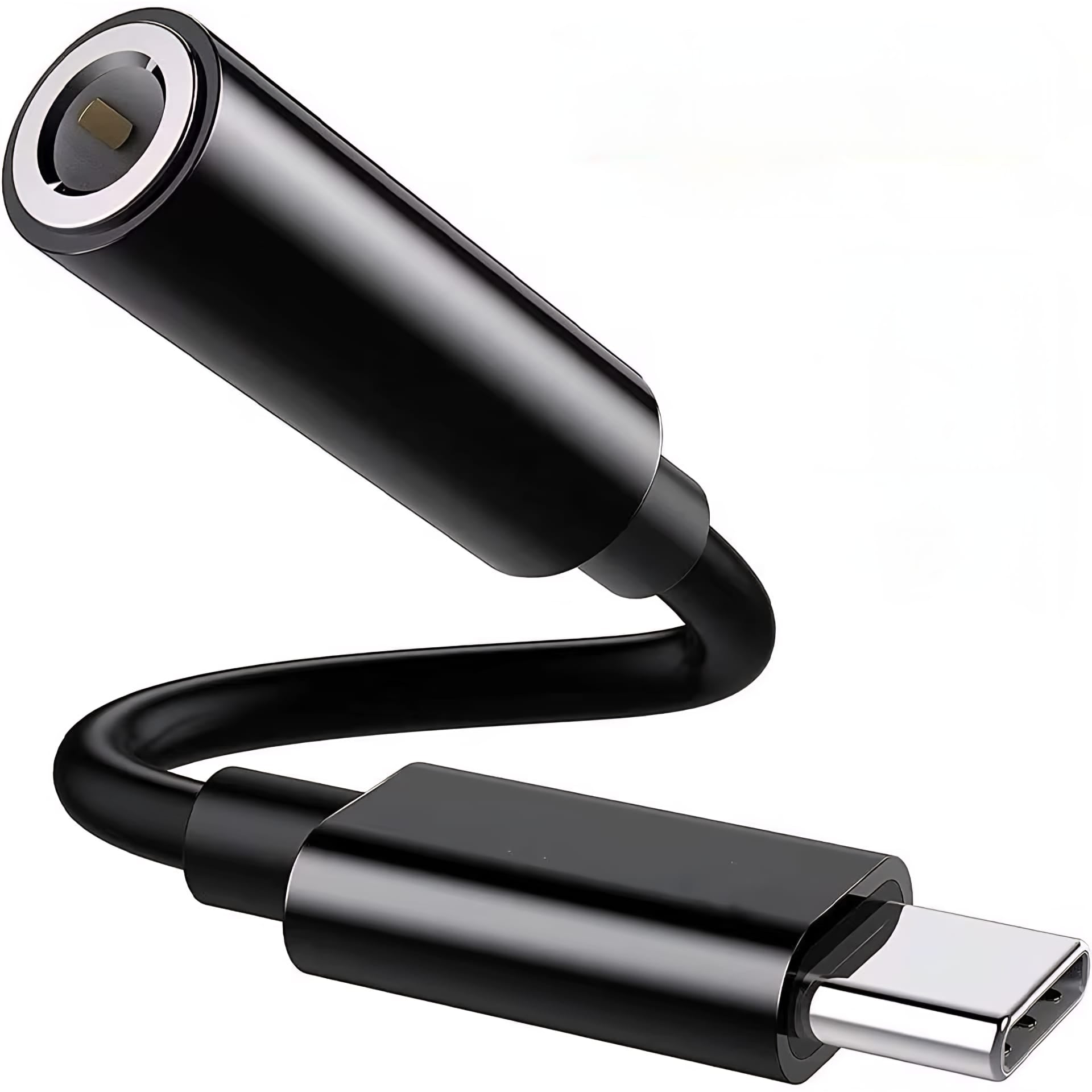 Black USB-C to 3.5mm headphone adapter on a white background