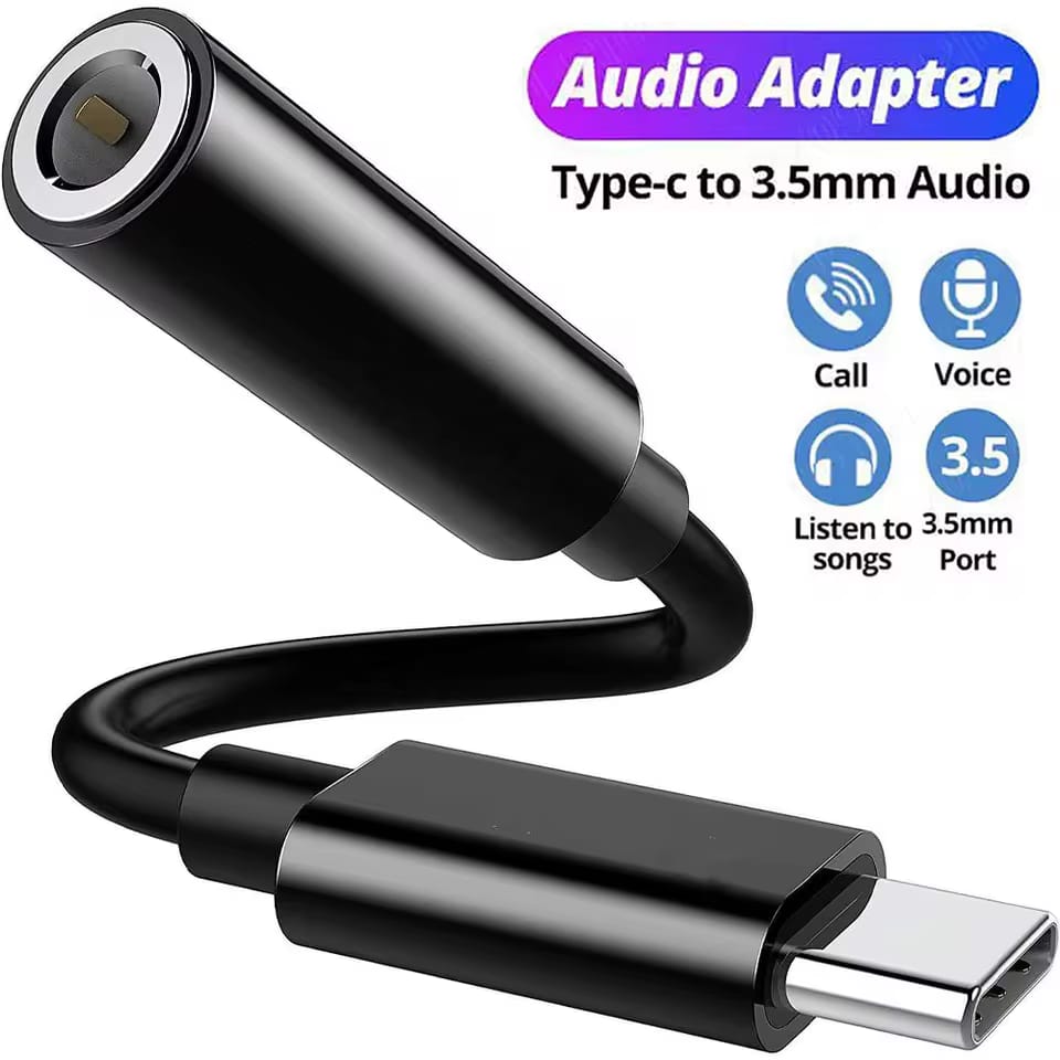 Black audio adapter with Type-C to 3.5mm connector on a white background