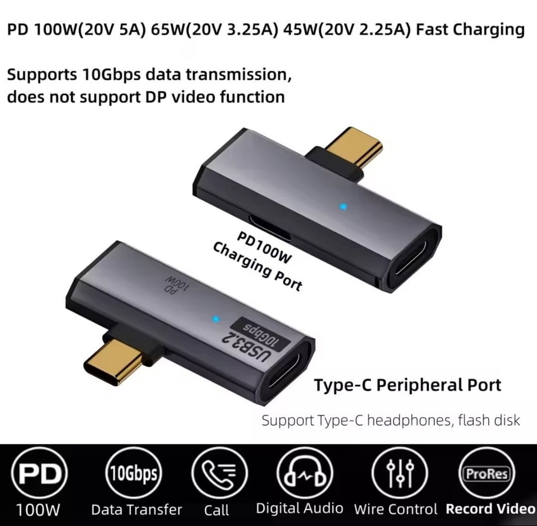 Two black PD 100W USB-C peripheral adapters shown on a white background with text explaining charging and data transmission capabilities, plus a black feature icon bar at the bottom.