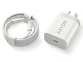 A white AXYON USB-C fast charger shown next to its coiled white Lightning cable on a clean white background.