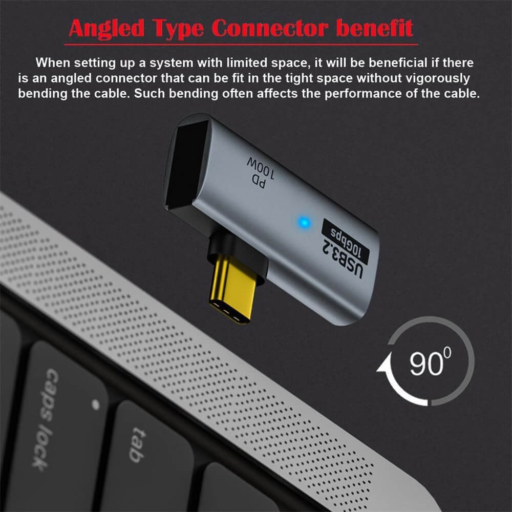 Angled USB C connector benefits for tight spaces, highlighting 100W power delivery in a sleek design.