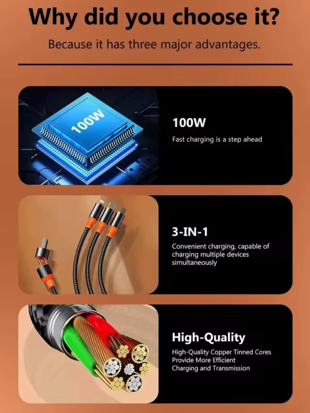 Multi Charging Cable 3-in-2 100W Nylon USB-C Combo | AXYON Advantages