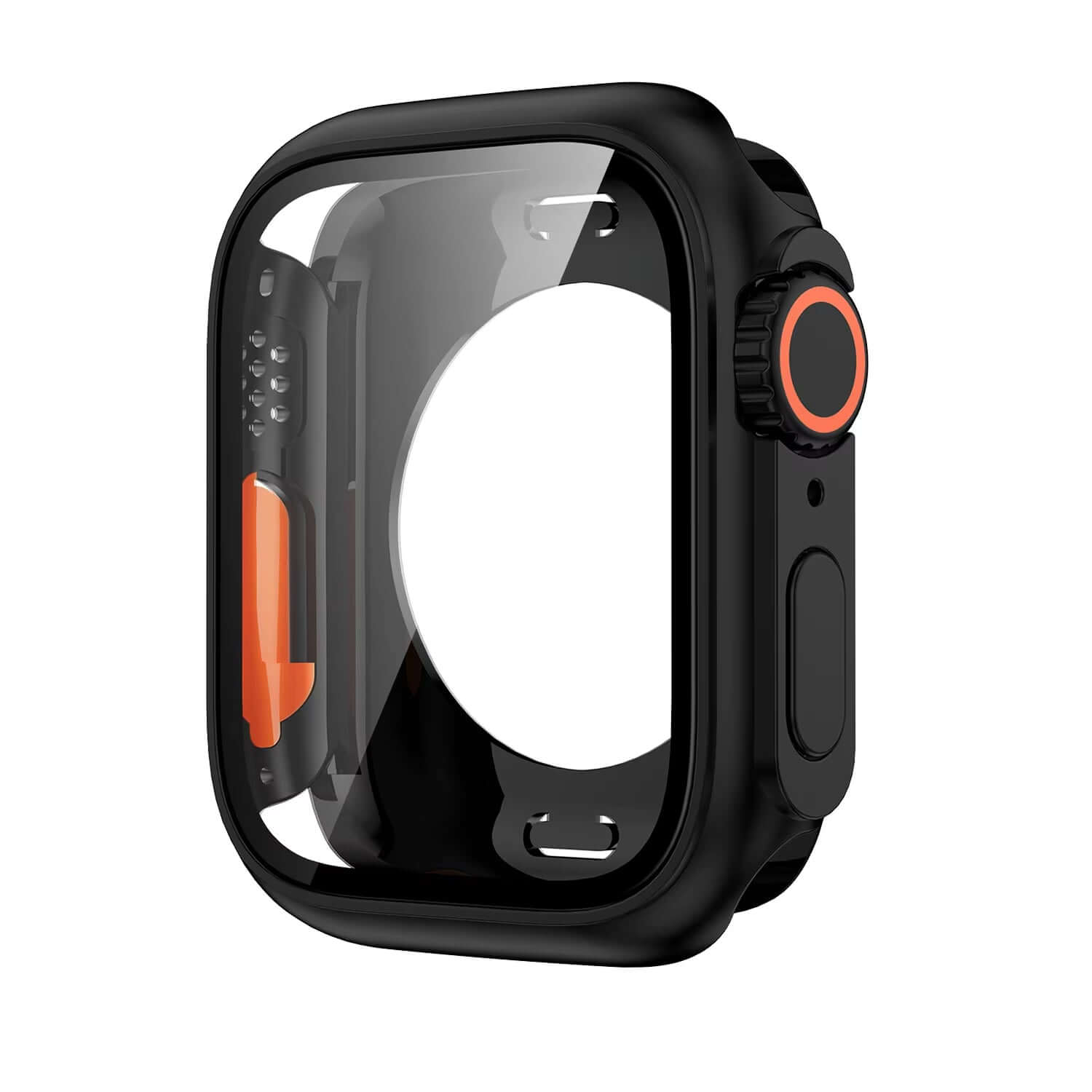 Black watch case with orange accents on a white background