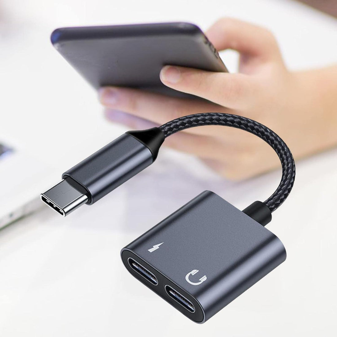 Dual USB-C Adapter – Audio & Charging Splitter AXYON black