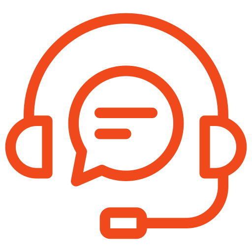 Orange headset icon with a speech bubble on a white background