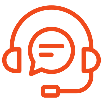 Orange headset icon with a speech bubble on a white background