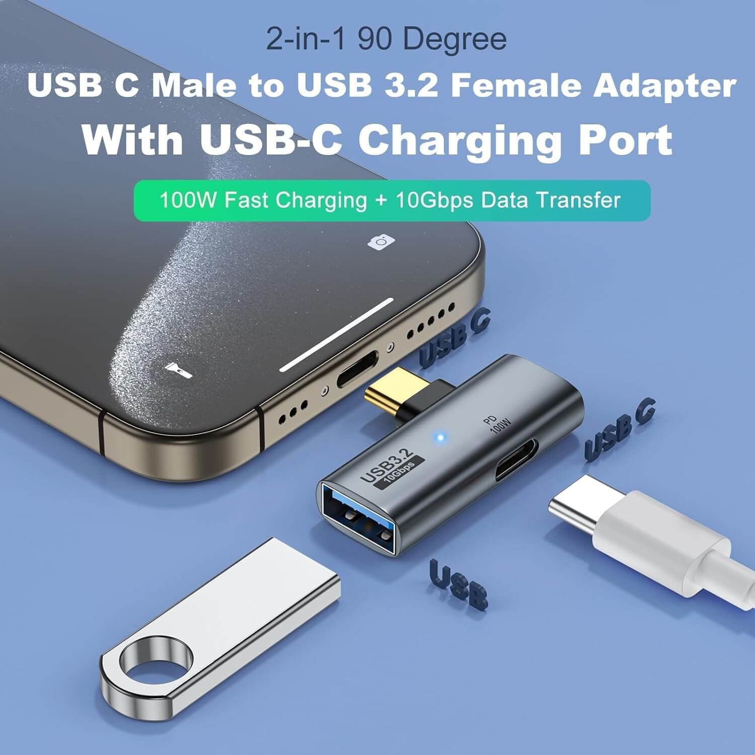 2-in-1 USB C to USB Adapter 100W Charging OTG 2-Pack | AXYON 90 Degree