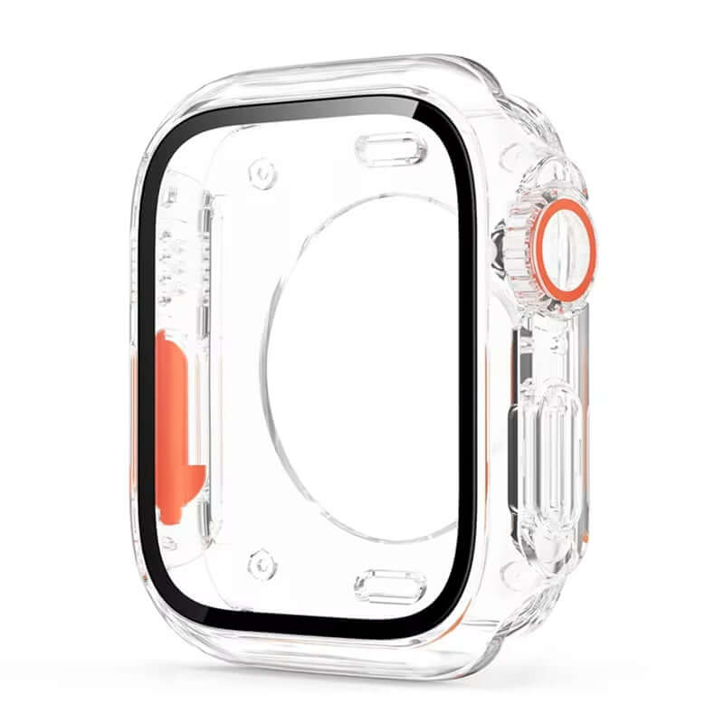 Clear protective case with orange accents on a white background