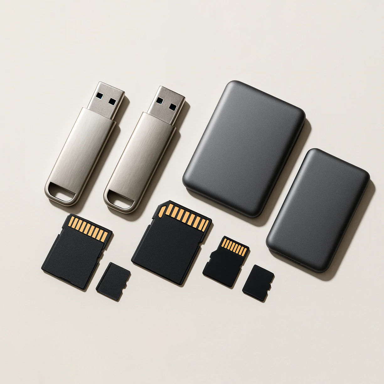Collection of USB drives and memory cards on a light background