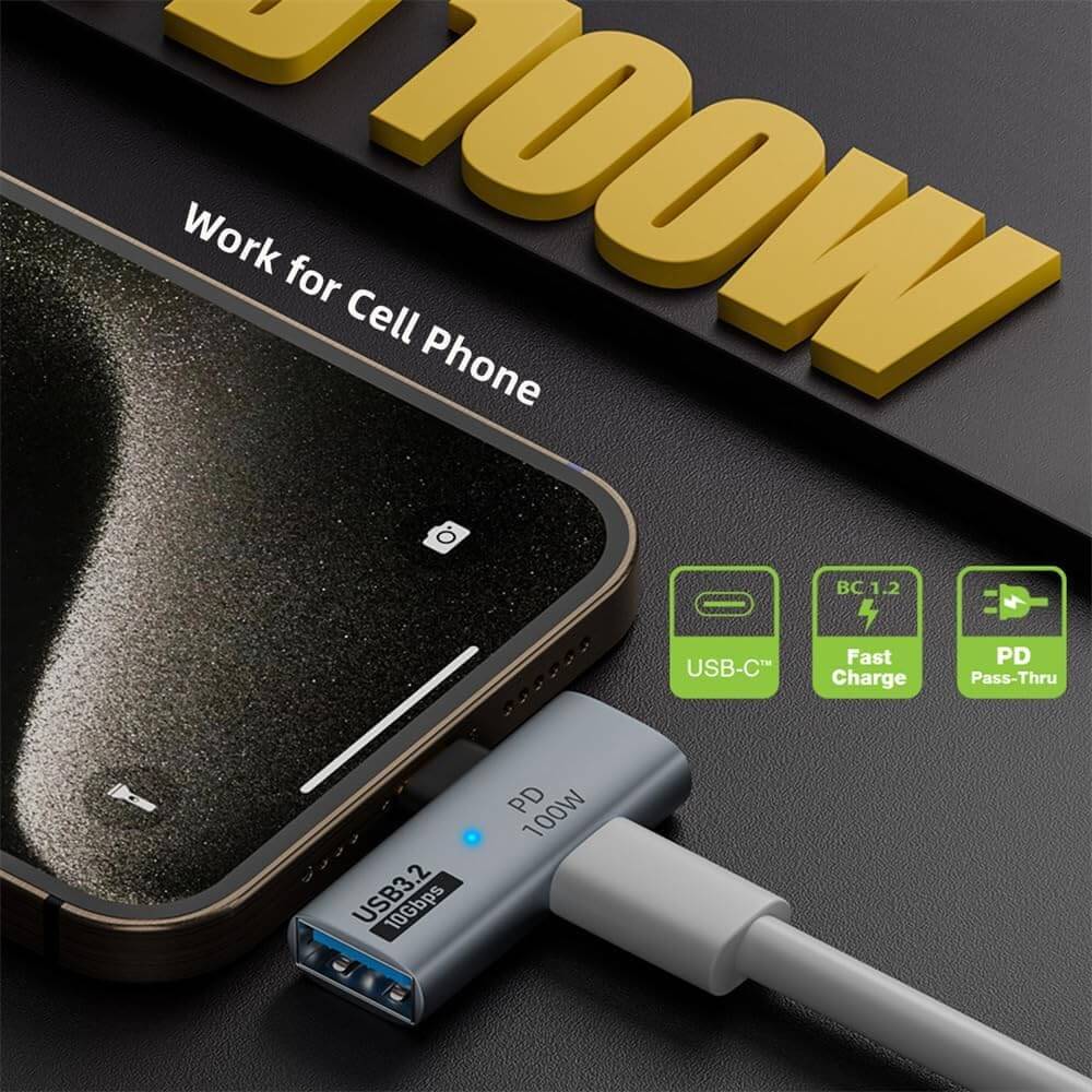 2-in-1 USB C to USB 3.2 adapter connected to a smartphone, showcasing fast charging and data transfer capabilities.
