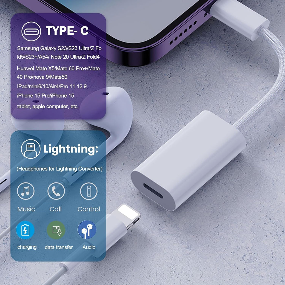 Audio Jack Adapter – USB-C to iOS 8-Pin | AXYON white