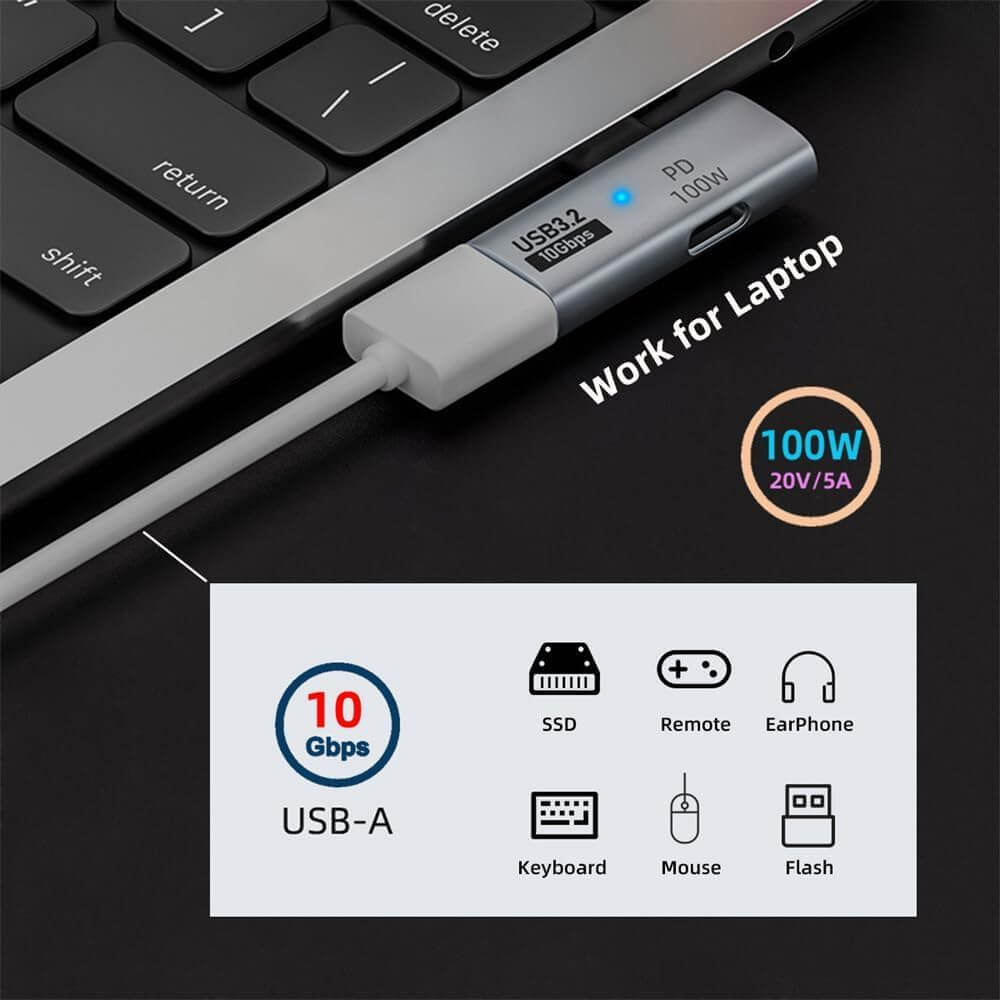 Compact 2-in-1 USB C to USB 3.2 adapter with 100W charging for fast data transfer and device compatibility.