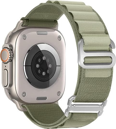 Olive Green Alpine Loop‑Style Nylon Band – breathable nylon sport strap with stainless steel buckle.