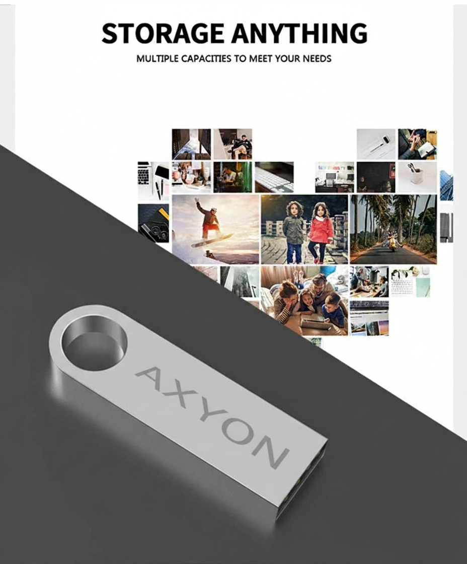 Silver USB drive with 'AXYON' branding on a dark surface, with a collage of people and activities in the background.