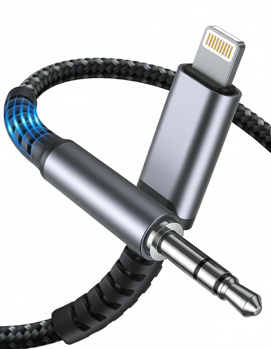 AXYON Premium Braided Lightning to 3.5mm AUX Audio Cable with aluminum connectors and gold-plated 3.5mm plug - 1m iPhone to car stereo cable