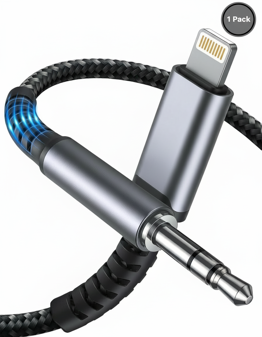 AXYON Lightning to 3.5mm AUX cable 1-pack - premium braided iPhone to car stereo audio lead with built-in DAC