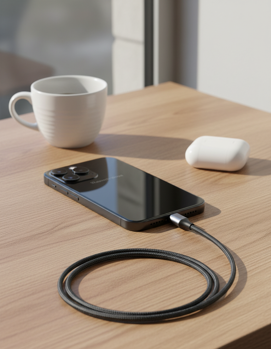 Smartphone with a charging cable on a wooden table next to a white mug and marshmallows.