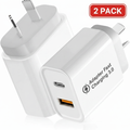 White adapter with USB port and fast charging 3.0 label, 2-pack indicated.