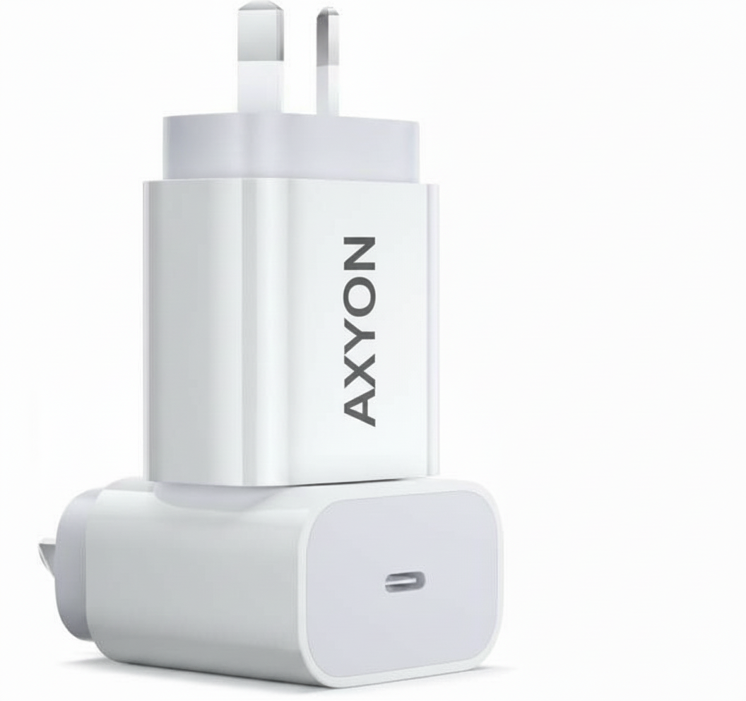 AXYON 30W USB-C PD fast wall charger with white design and Australian AU plug showing compact single-port Type-C power adapter