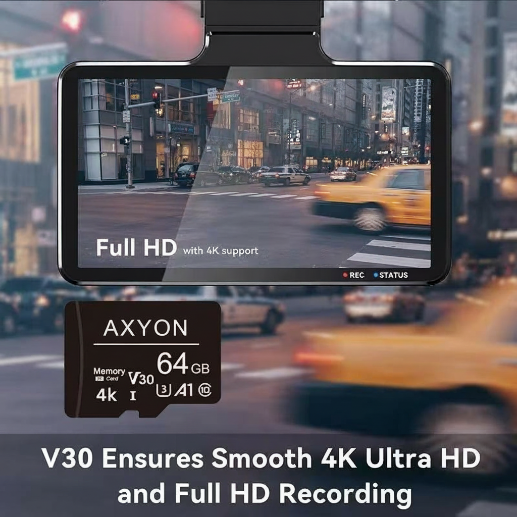 Car dashboard with a screen displaying a city street and an AXYON memory card below it.