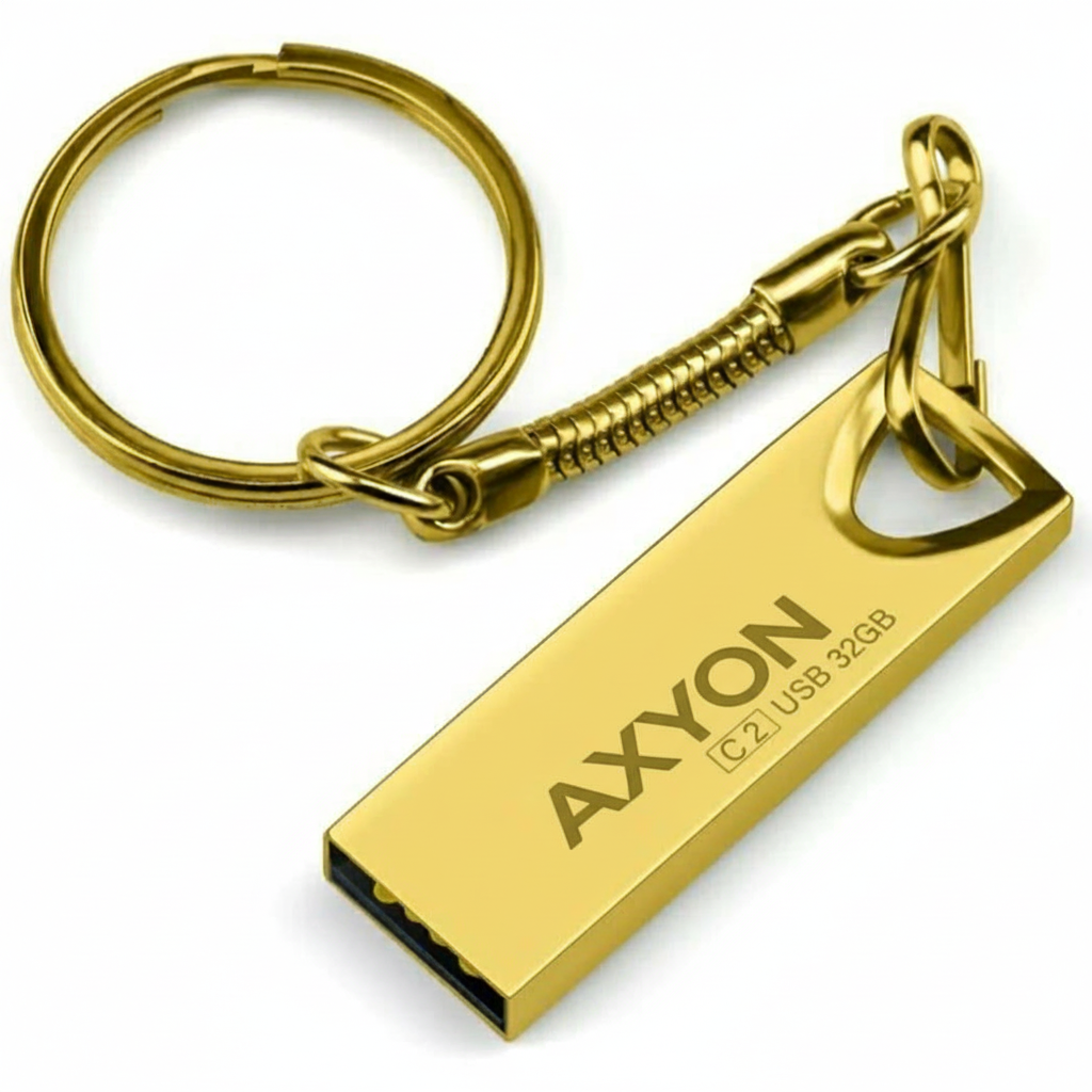 Gold USB keychain with 'Axyon' branding on a white background