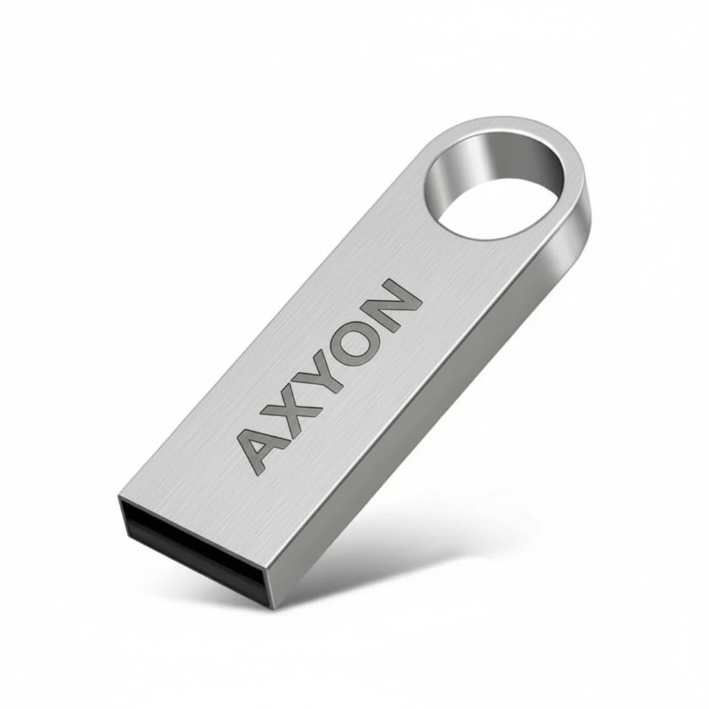 Silver USB flash drive with 'AXYON' branding on a white background