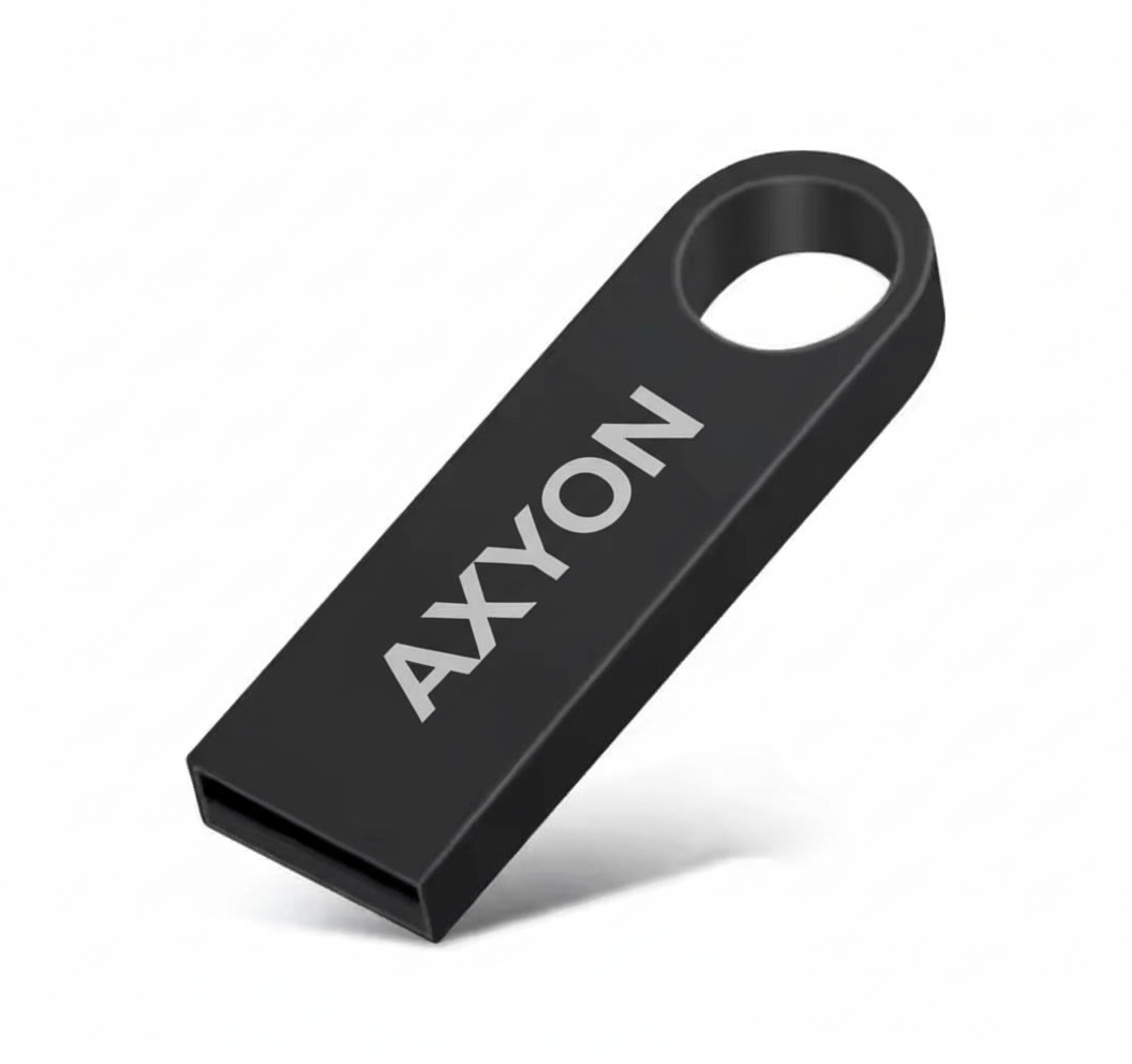 Black USB flash drive with 'AXYON' branding on a white background