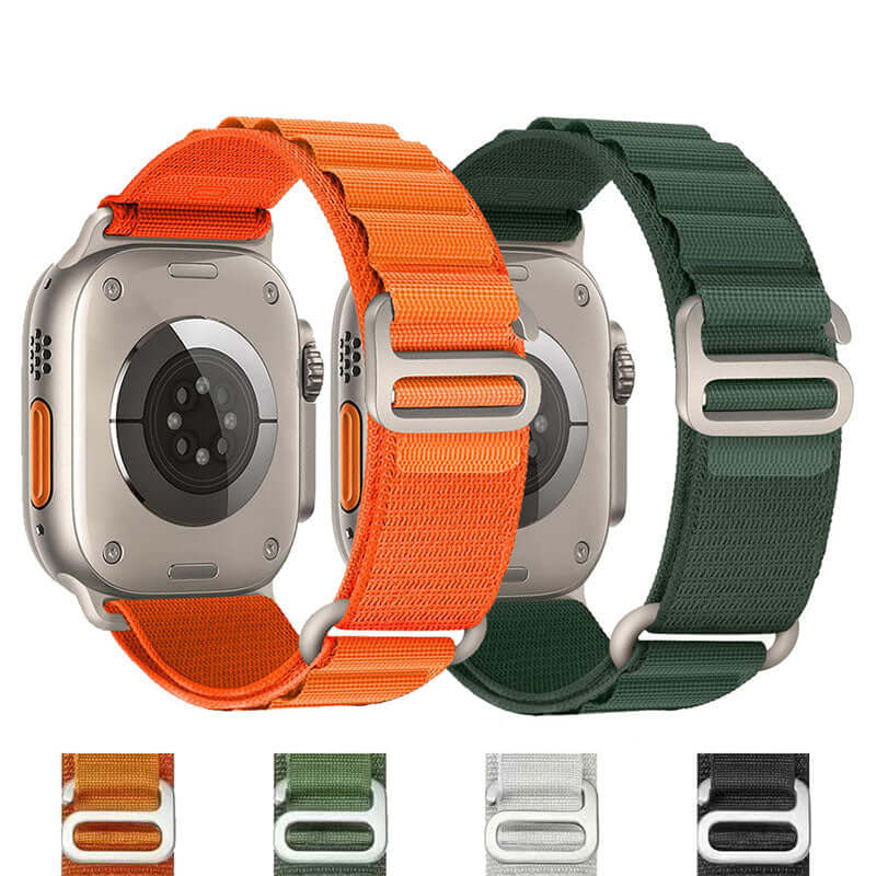Two Apple Watches with Orange and Green Alpine Loop‑Style Bands – Durable woven nylon straps for sport and adventure.