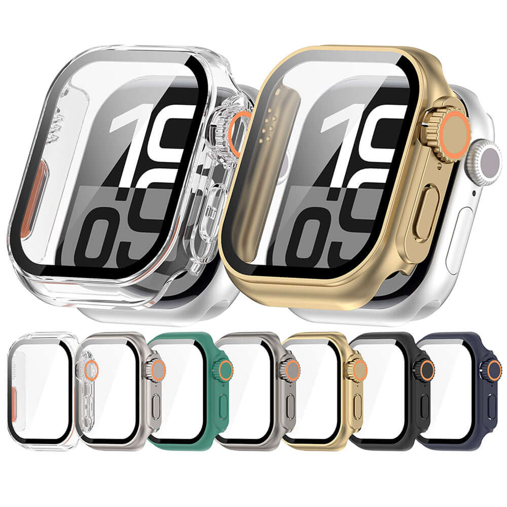 Set of Apple Watch cases in various colors on a white background