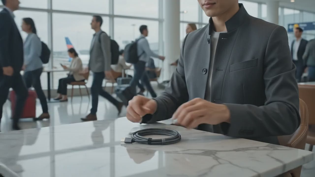Traveler in an airport lounge charging a tablet and phone with the AXYON 30W USB-C charger and braided USB-C cable.