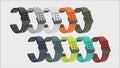 Demonstration of the AXYON® QuickFit Silicone Strap for Garmin watches, highlighting the easy QuickFit installation, multiple color options (Black, Green, Orange, Navy Blue), and waterproof, sports-ready design for 22mm and 26mm models.
