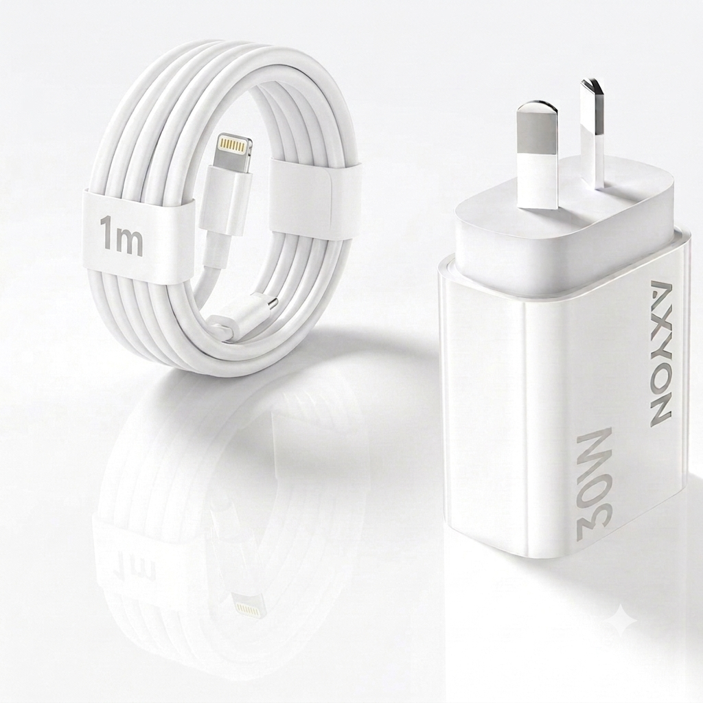 White 30W fast-charging USB wall charger with a coiled 1-meter Lightning cable, shown on a clean white reflective background.