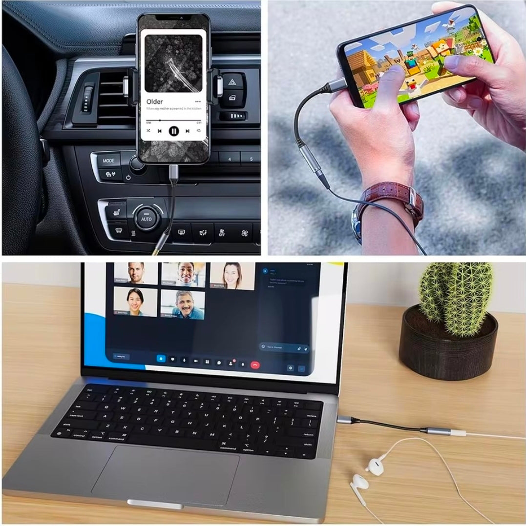 Collage of a phone in a car, a person using a phone, a laptop on a desk with earbuds, and a cactus.