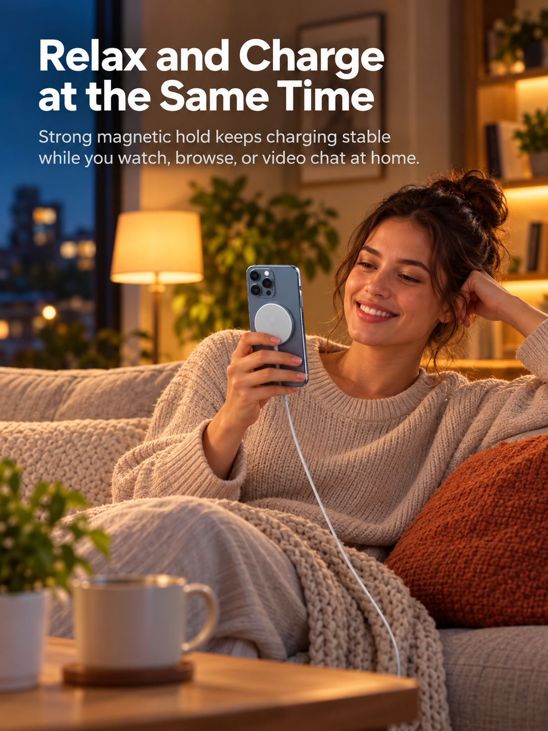 A woman relaxes on a cozy couch at night while charging her phone with a white cable. The scene is warmly lit by a lamp in the background, and the text at the top reads, 'Relax and Charge at the Same Time' with a subtitle about a strong magnetic hold keeping the charging stable.