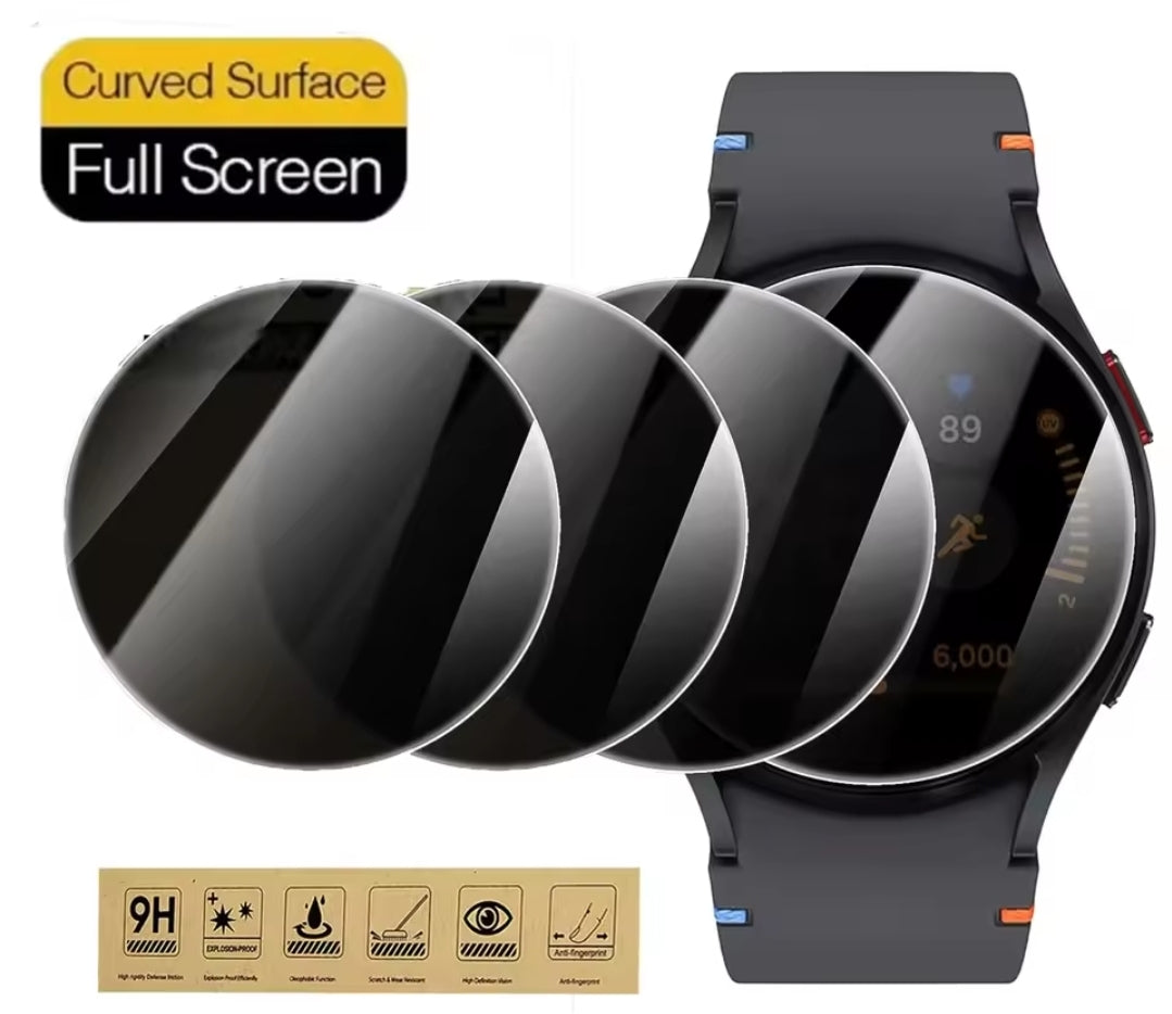 Smartwatch with screen protectors and a box labeled 'Glass Screen Pro' on a white background