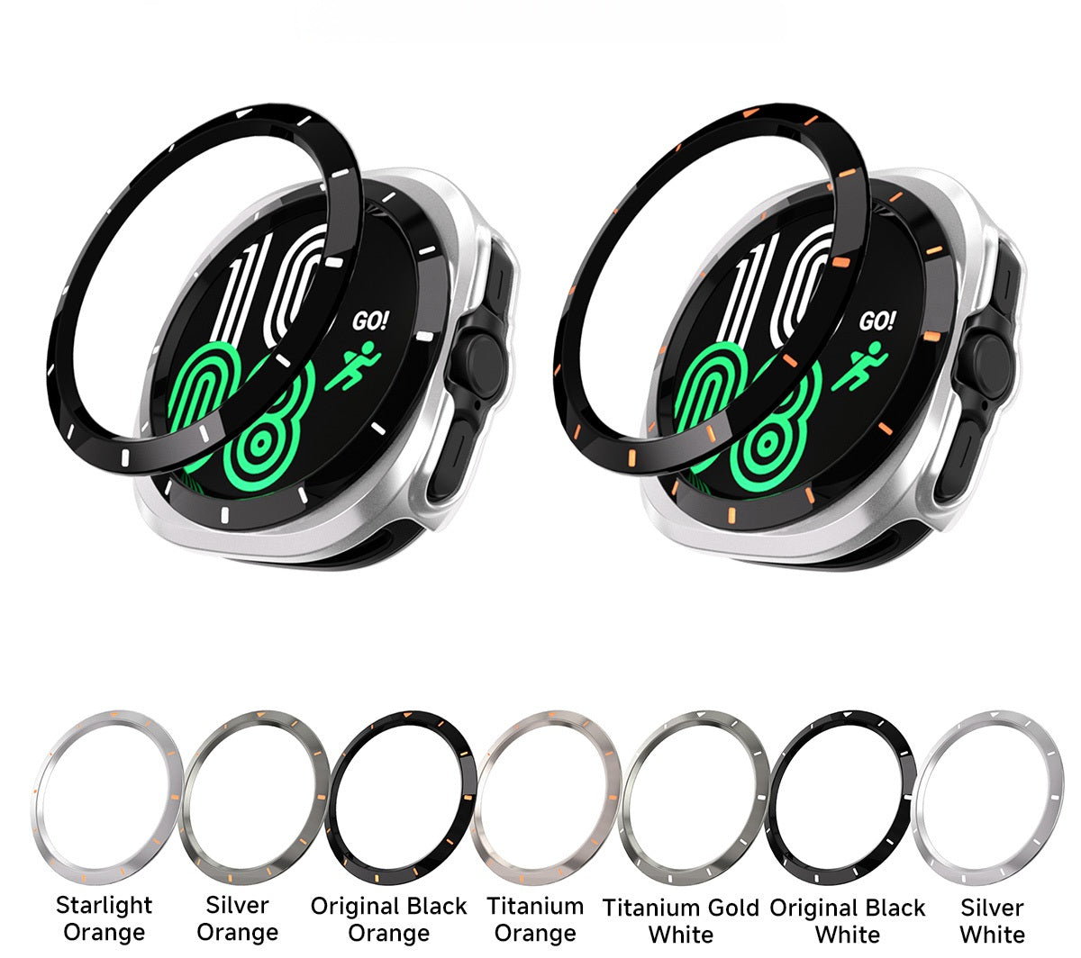 Smartwatch with a black ring case and color options displayed below.
